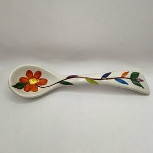 Hand-Painted Floral Ceramic Decorative Spoon - Orange Flower 7.5” long
